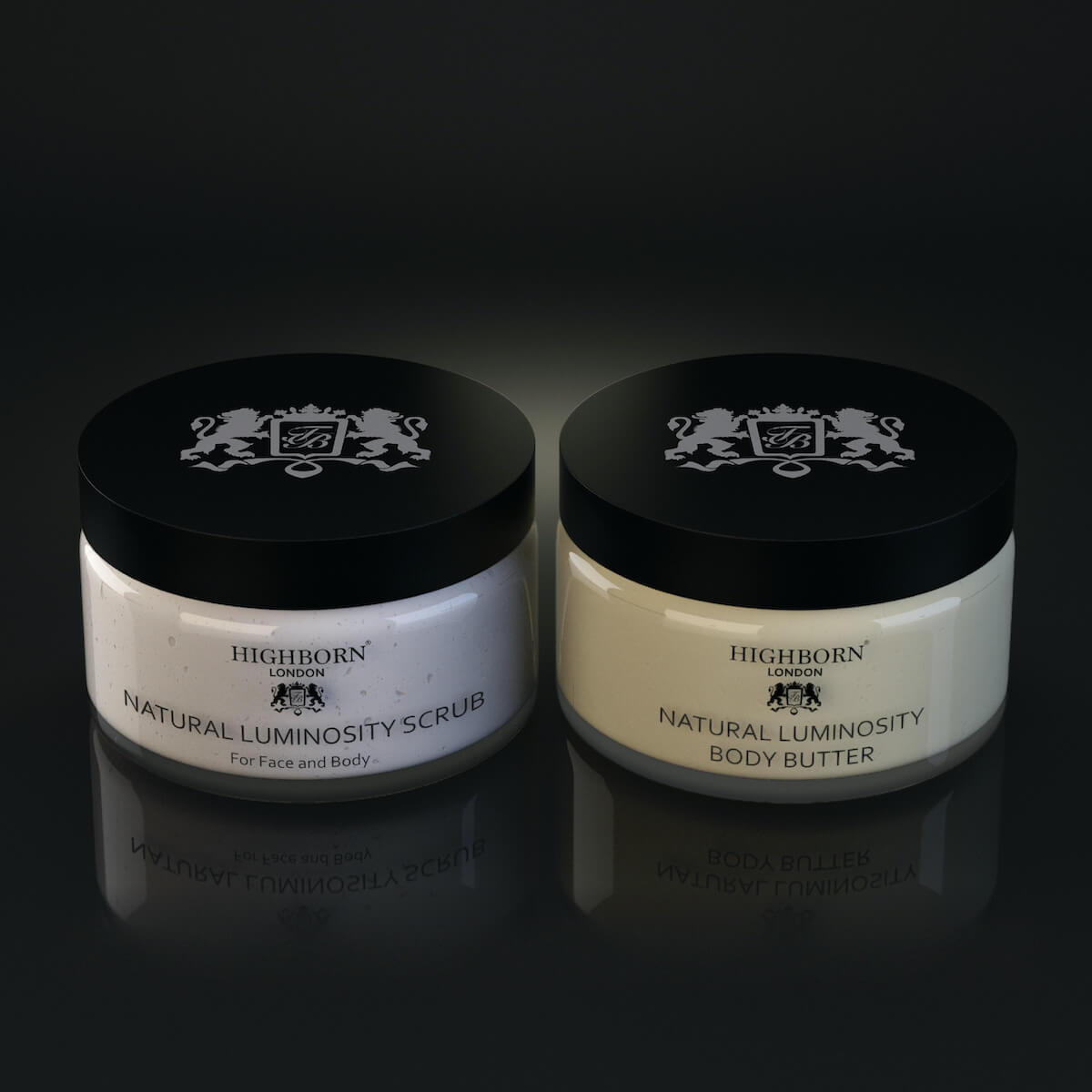 Two jars of Highborn London skincare products on a black background