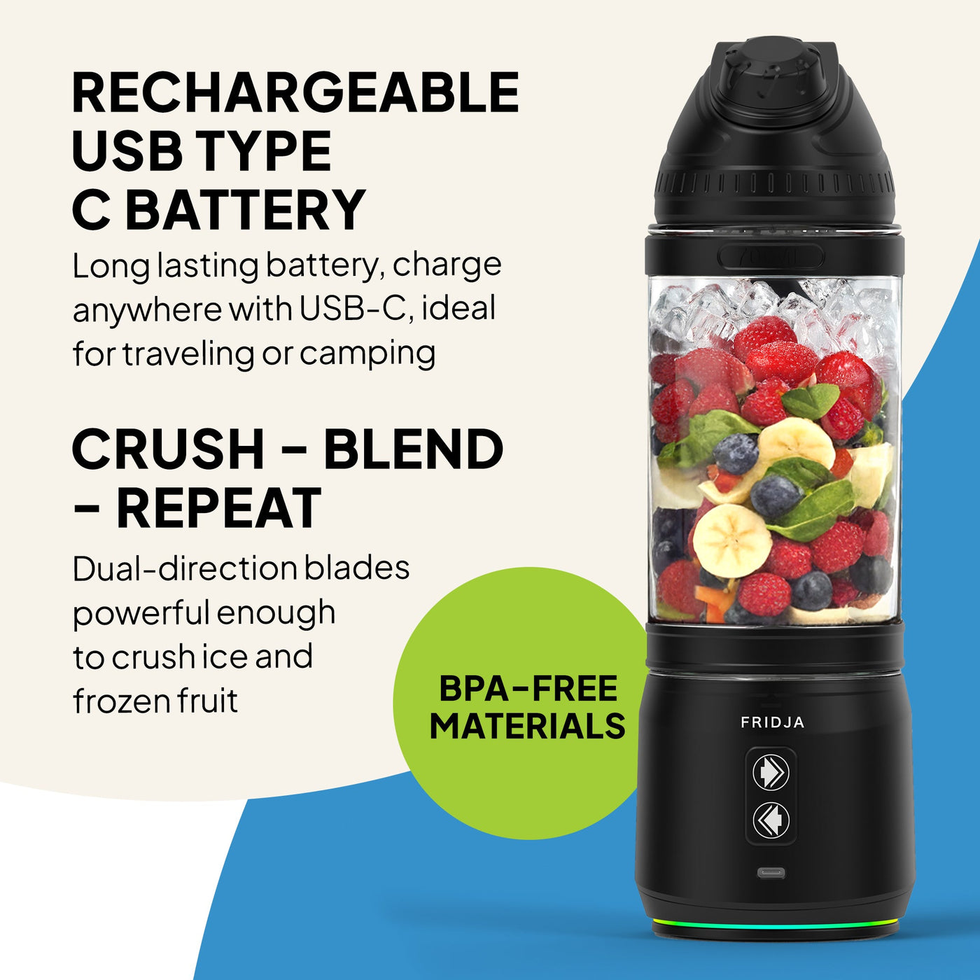 Black portable blender with fruits, text about rechargeable USB Type C battery and features, on a blue and beige background.