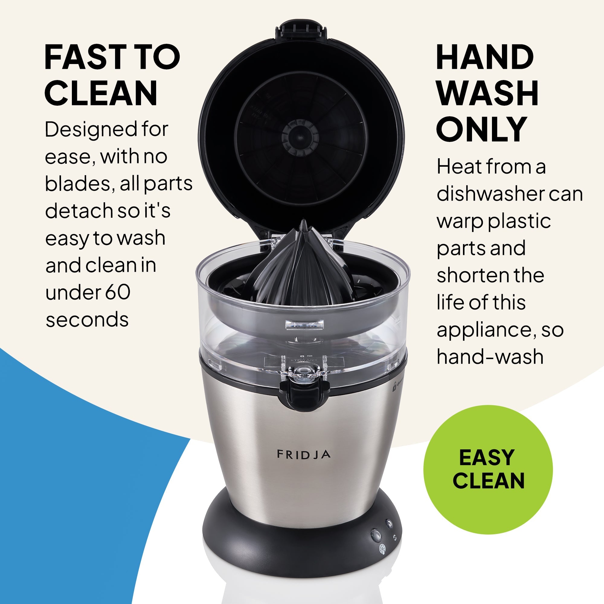 Fridja blender with text on cleaning instructions on a white background