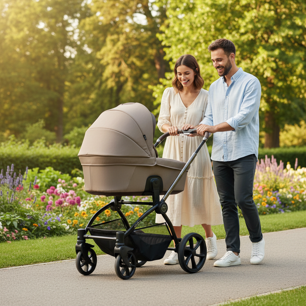 Couple pushing a baby stroller in a park with flowers and trees in the background