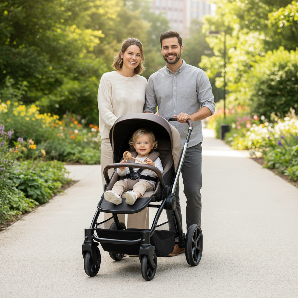 Family with a child in a stroller walking in a park