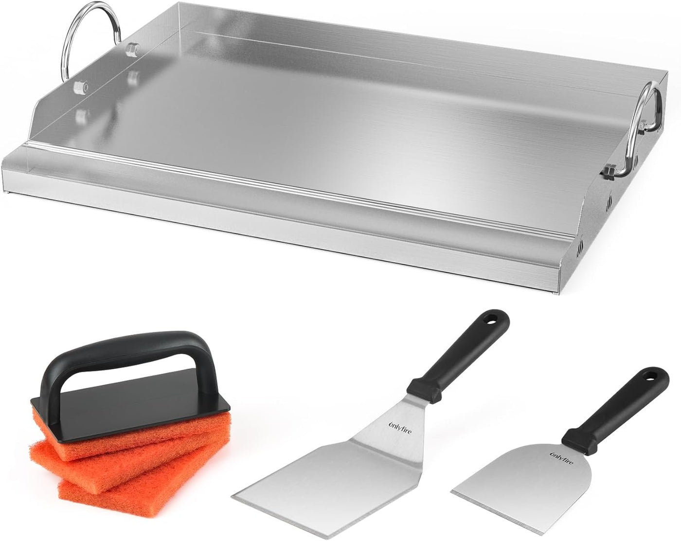 Stainless steel griddle with cleaning tools on a white background