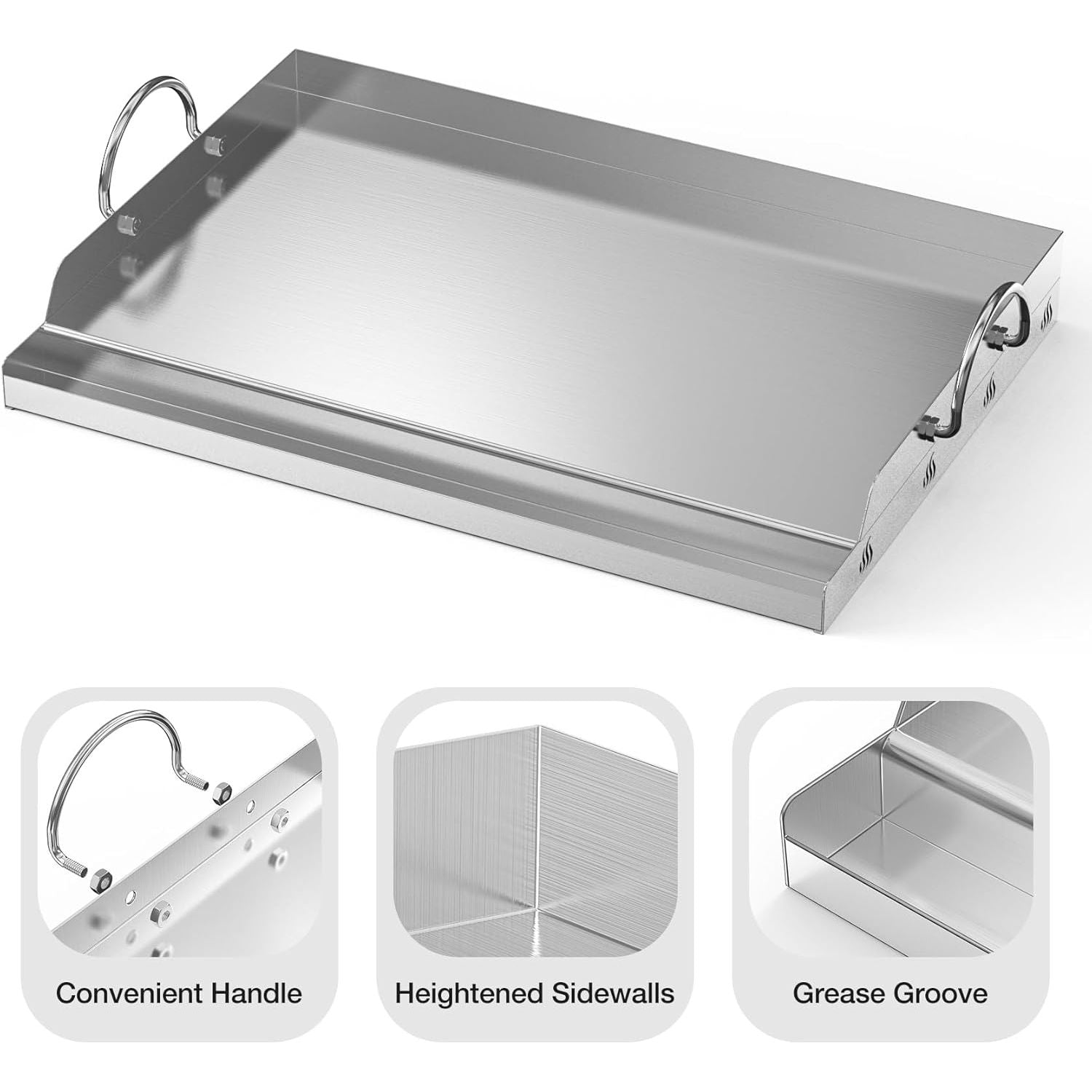 Stainless steel griddle with handle, heightened sidewalls, and grease groove on a white background.