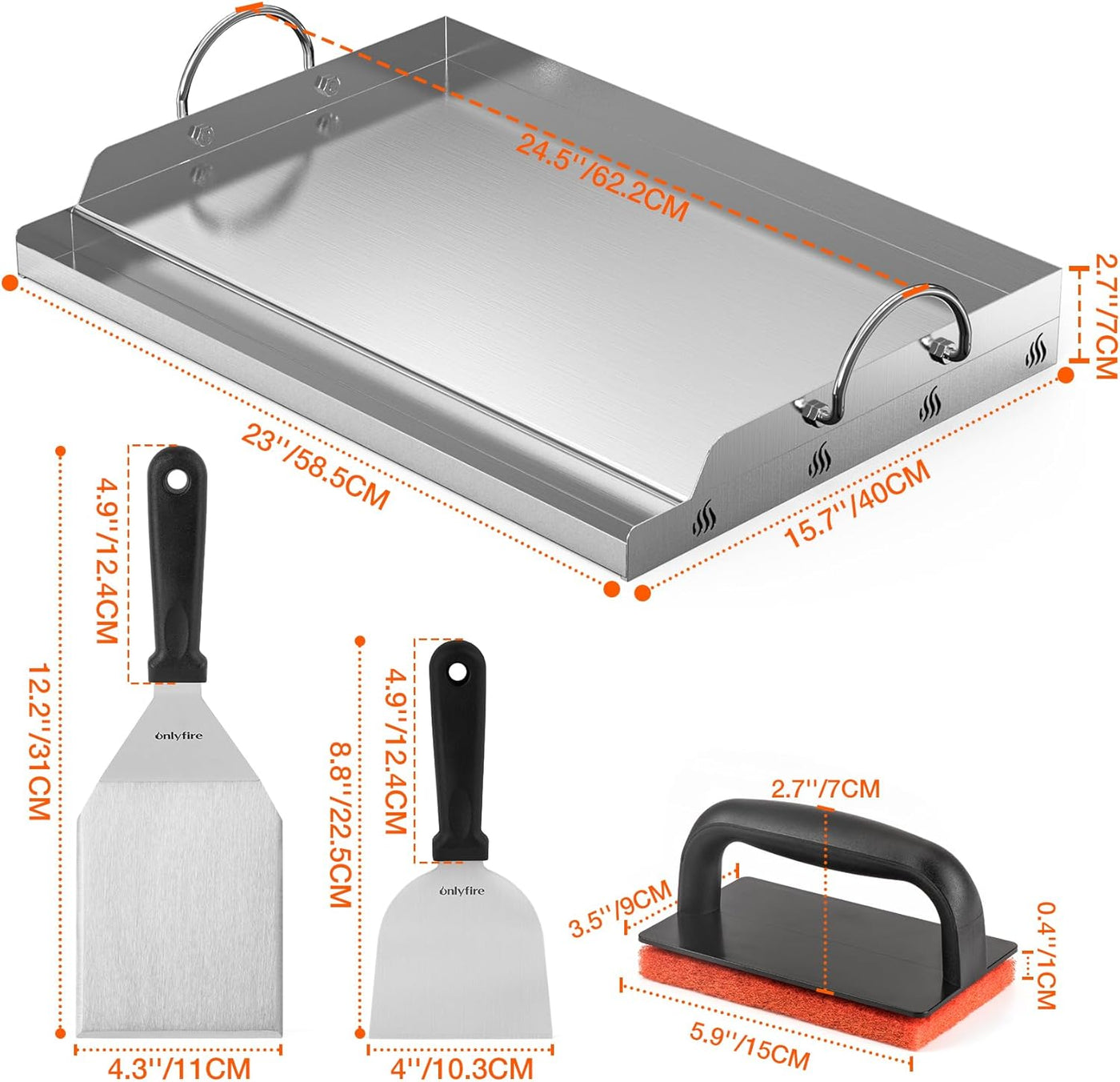 Stainless steel griddle with measurement details on a white background