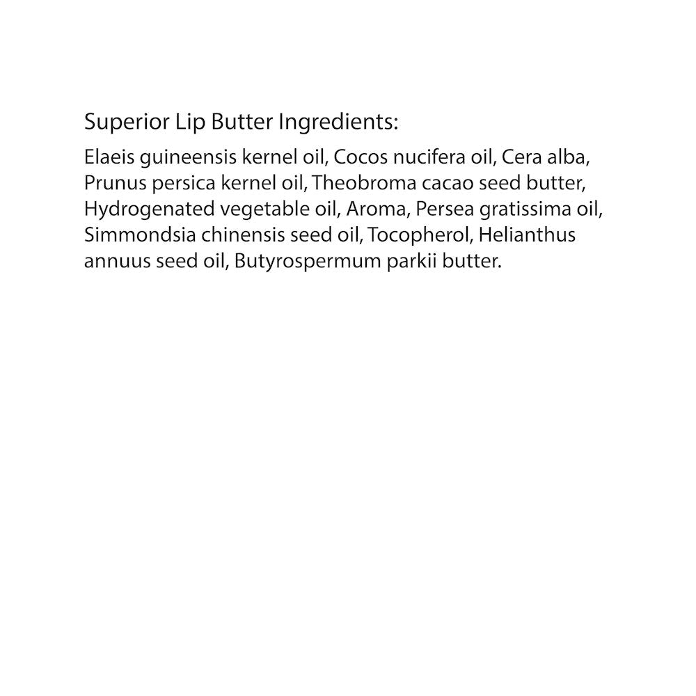 List of ingredients for a superior lip butter on a white background