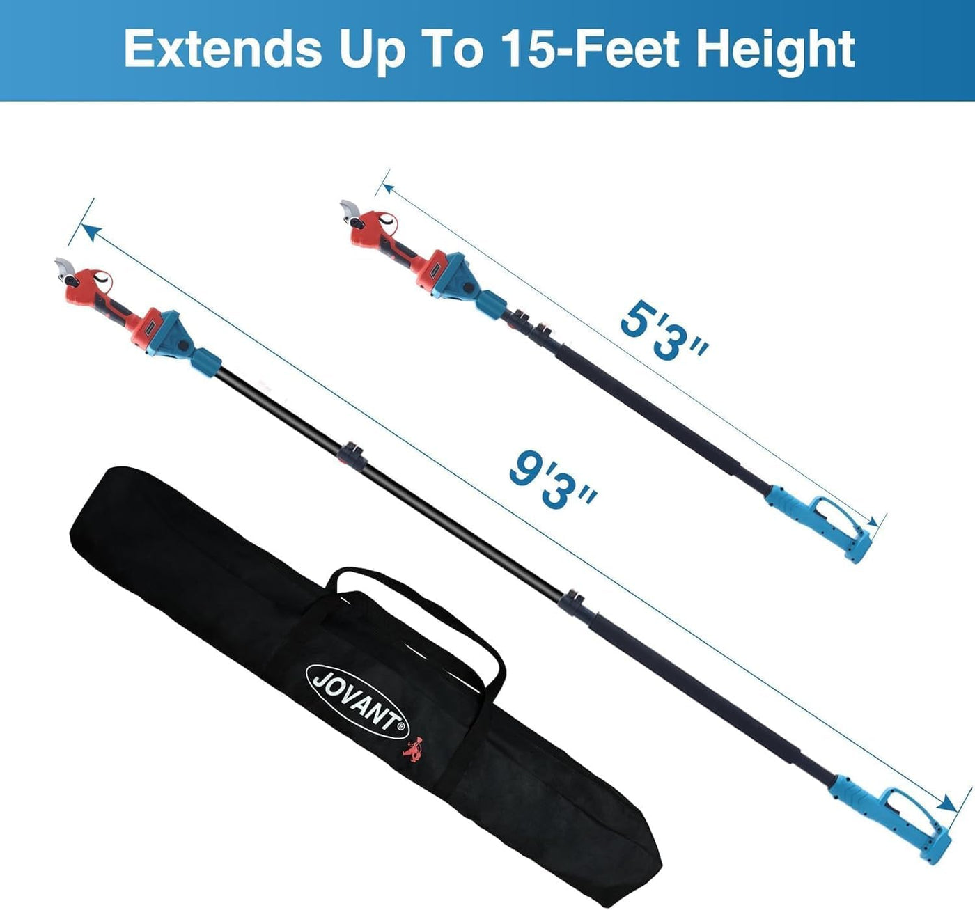 Telescopic pole with carrying case and measurement details on a white background