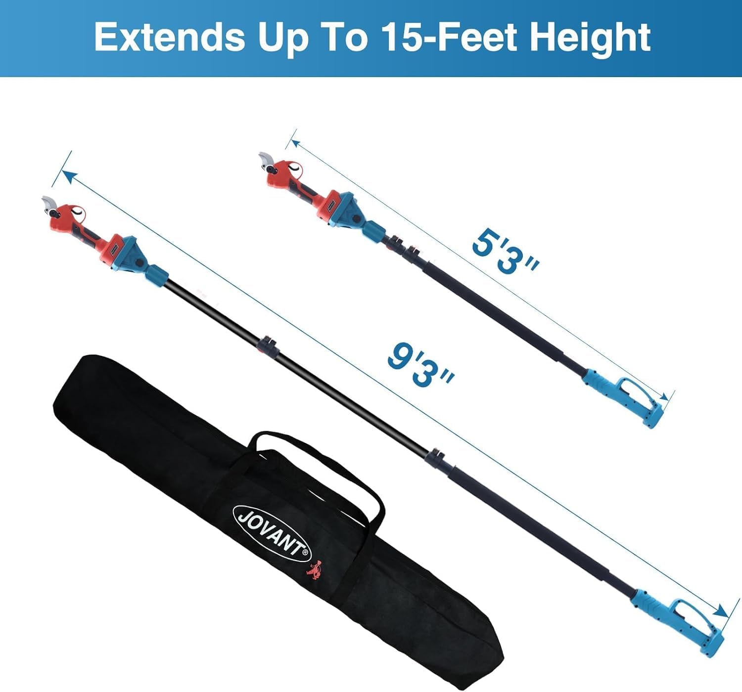 Telescopic pole with carrying case and measurement details on a white background