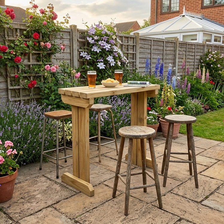 Wooden bar table with stools in a garden setting with flowers and a house in the background.