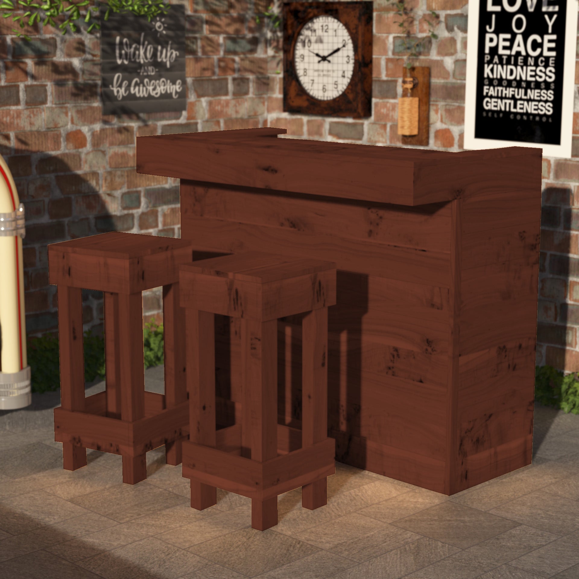 Wooden outdoor bar set with stools against a brick wall.