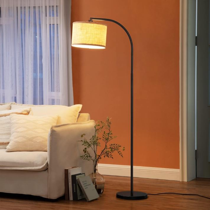 EDISHINE 63'' LED Floor Lamp, Adjustable Linen Shade, Black Arc Pole, E27 Socket