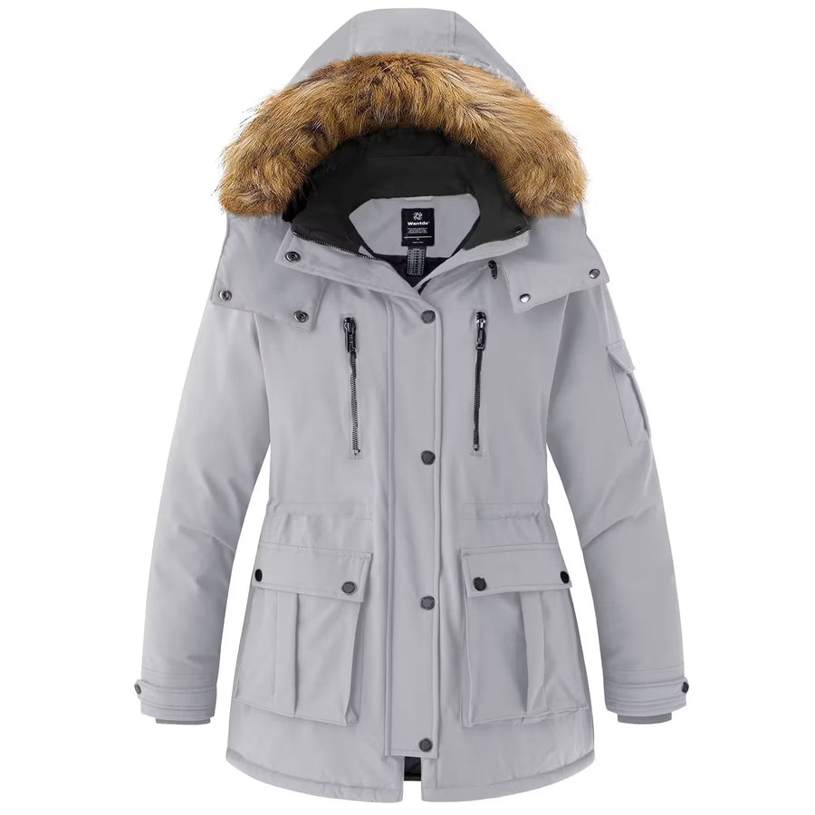 Gray parka coat with fur-lined hood on a white background