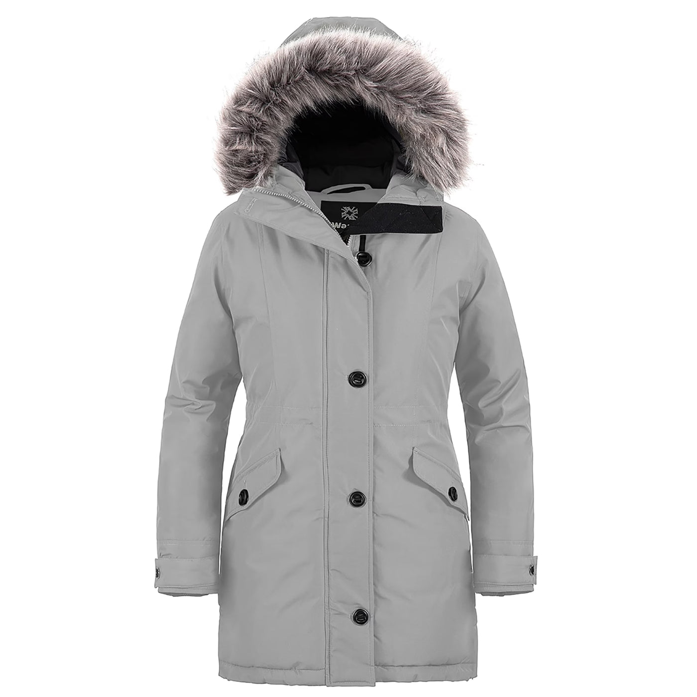 Gray winter coat with fur-lined hood on a white background