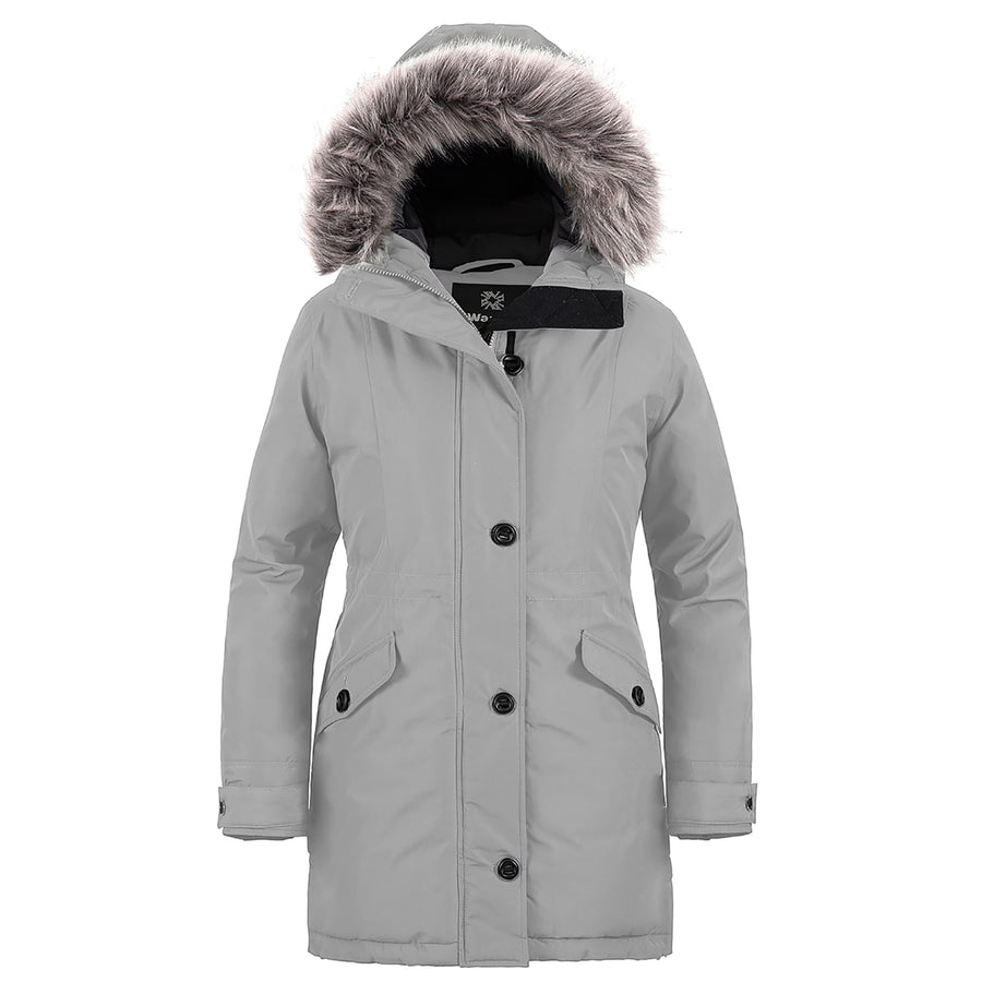 Gray winter coat with fur-lined hood on a white background