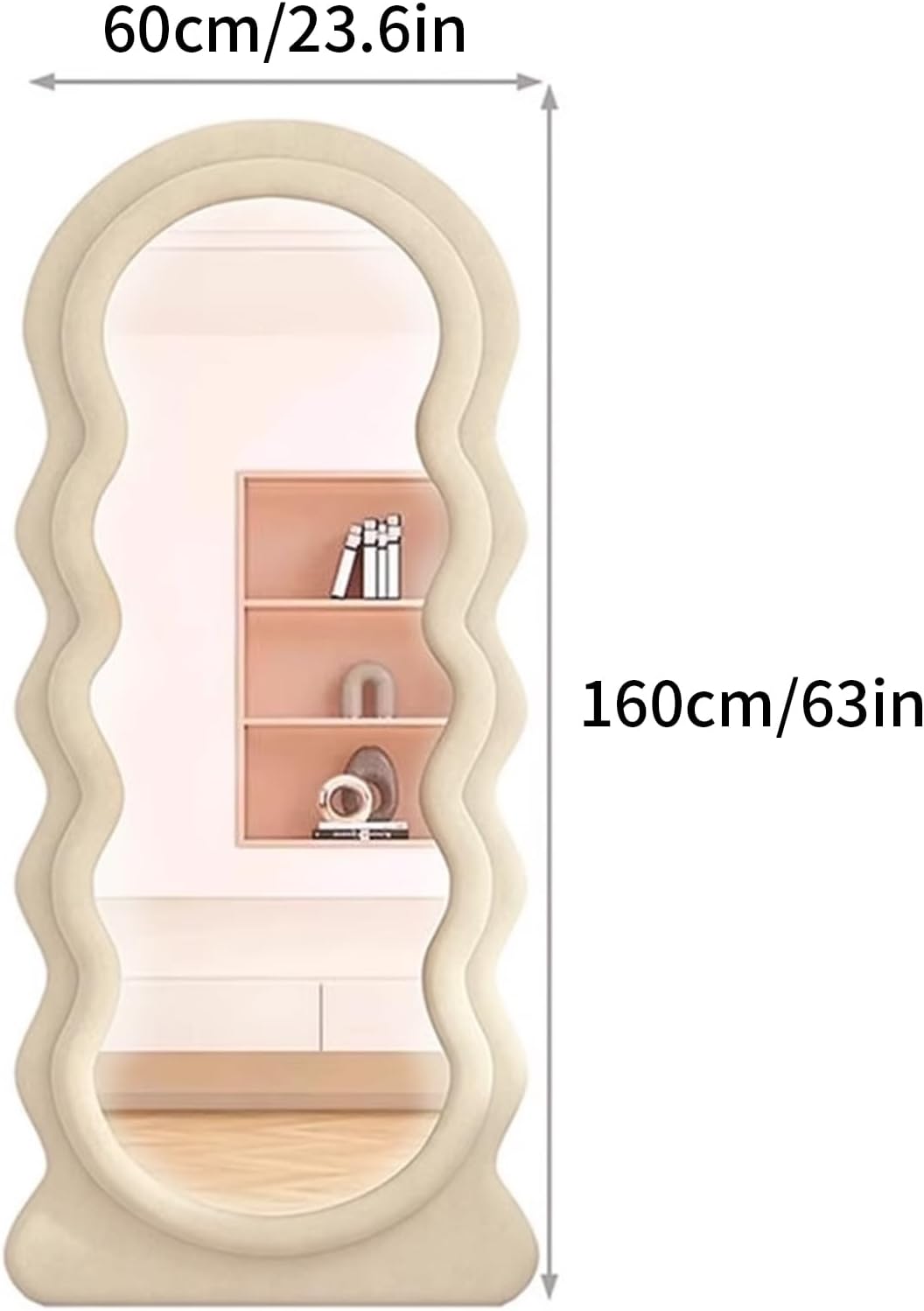 Wavy-patterned shelf with dimensions indicated on a white background