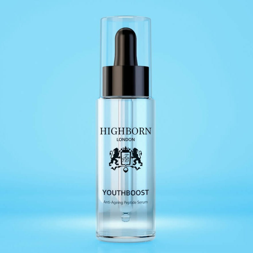 Highborn Youthboost serum bottle on a blue background