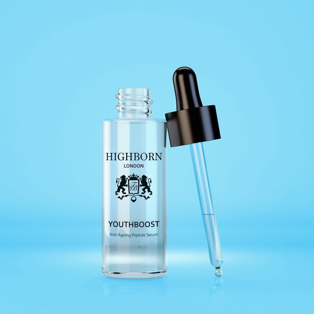 Highborn London Youthboost serum bottle with dropper on a blue background