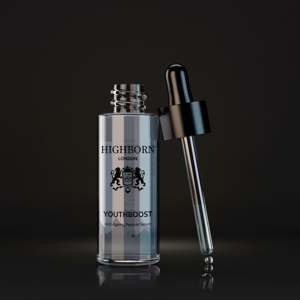 Highborn London Youthboost serum bottle with dropper on a black background