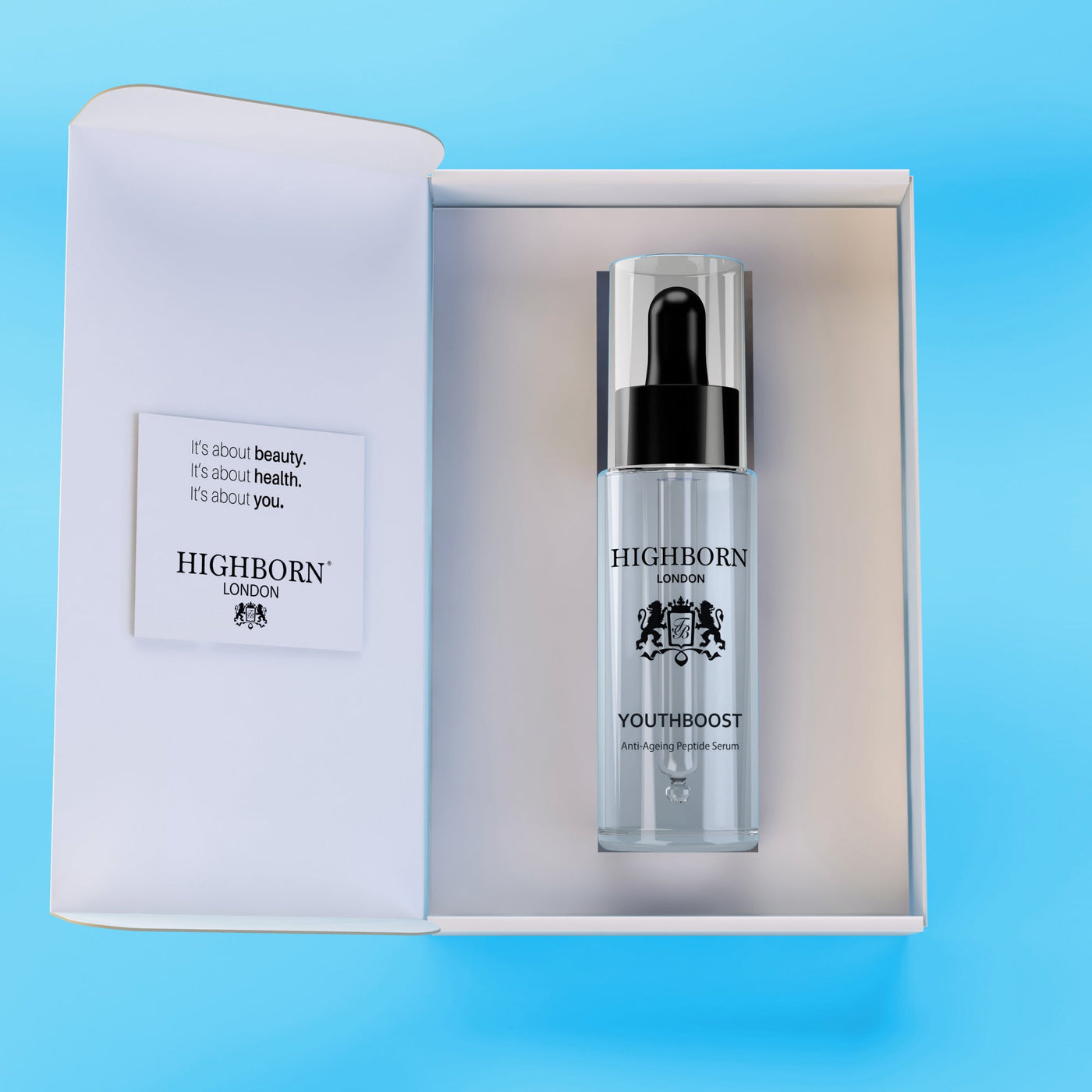 Highborn London Youthboost serum in a branded box on a blue background