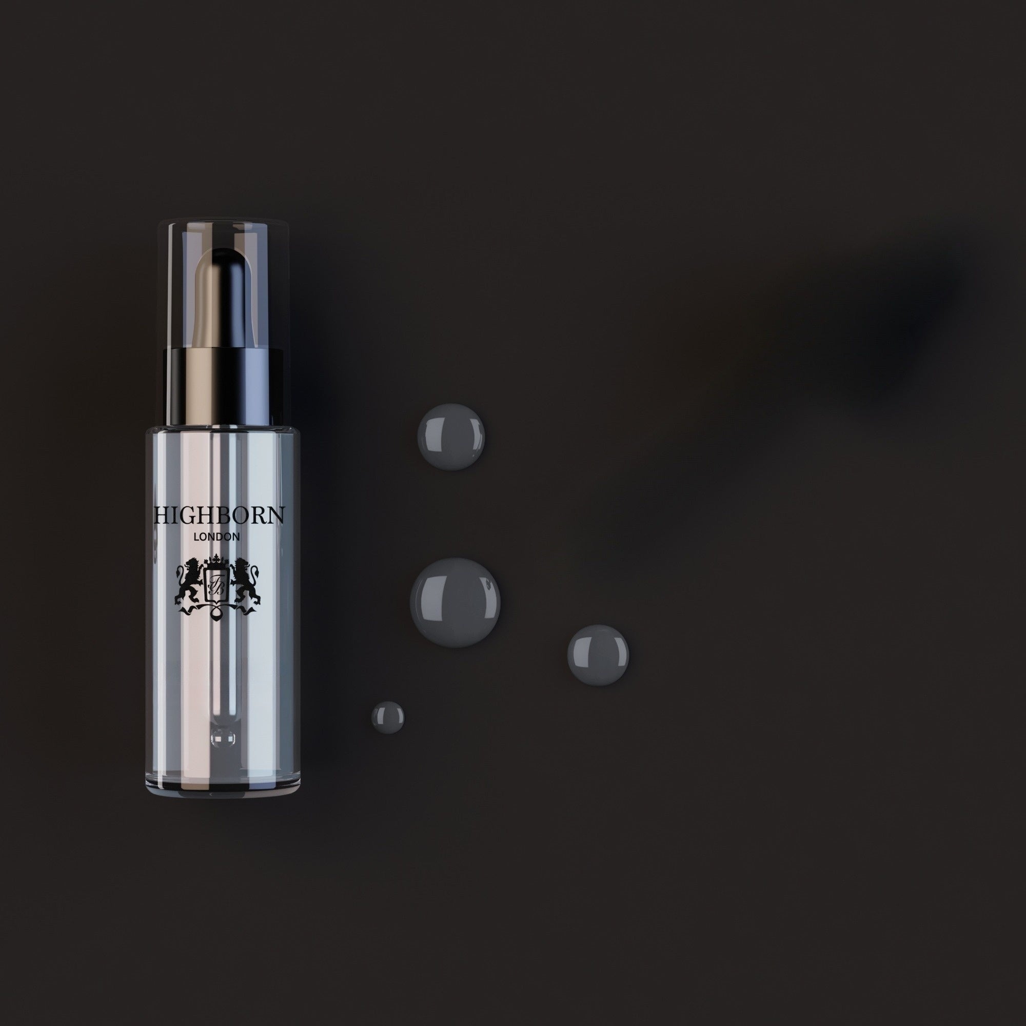 Skincare serum bottle with droplets on a dark background, featuring the brand 'Highborn'.