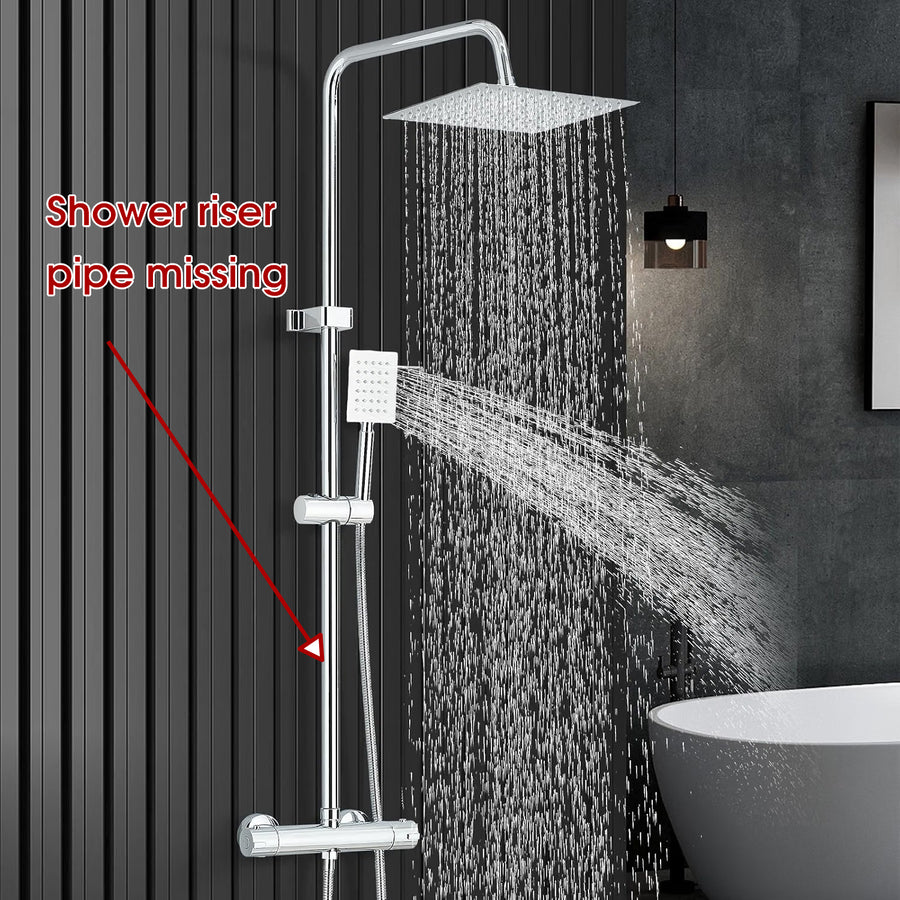 Thermostatic Shower Mixer Set 8" Rainfall Head Chrome - Riser Pipe Missing