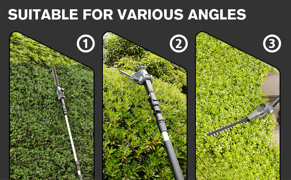Three angles of a hedge trimmer cutting through green bushes with text 'Suitable for various angles'.