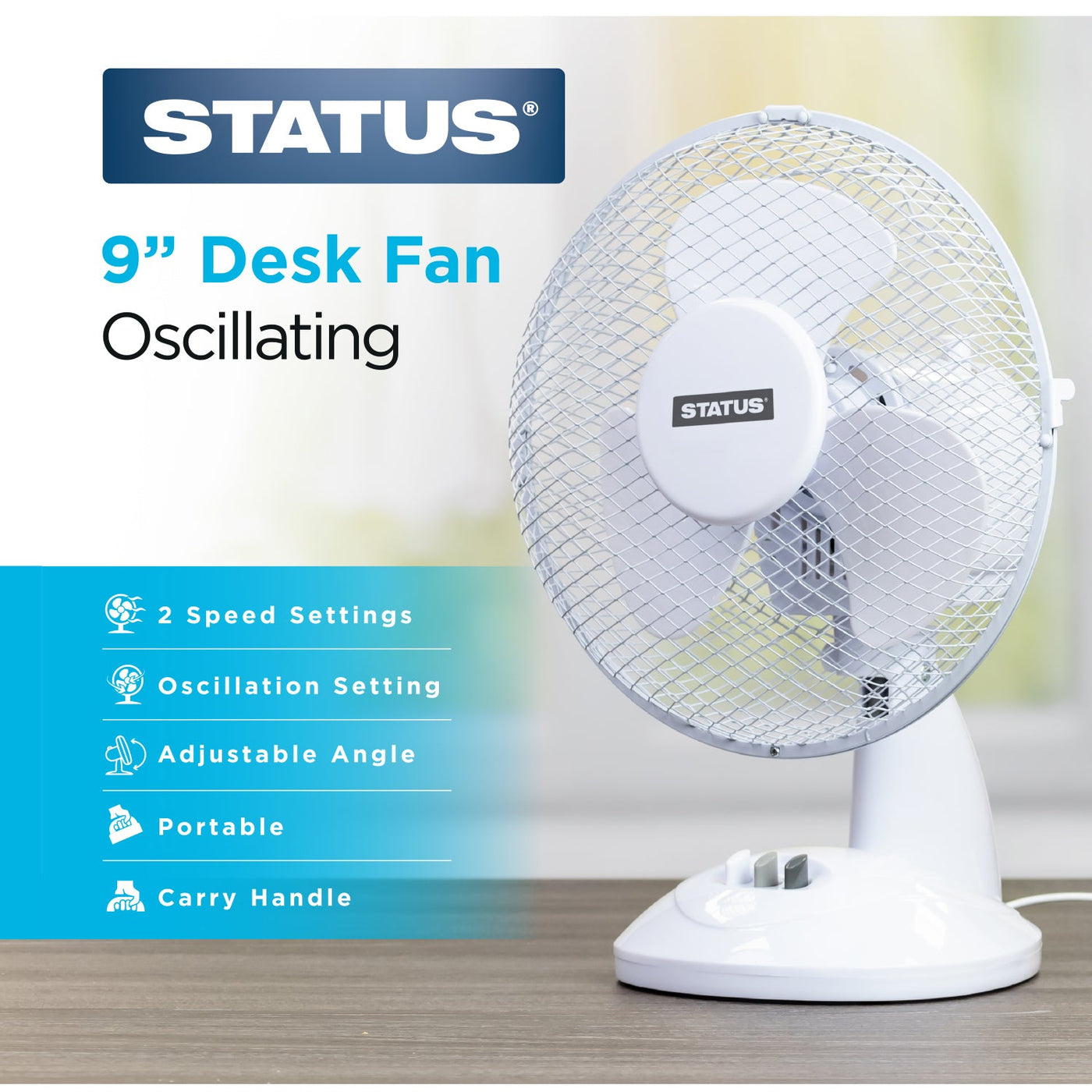 Status 9-inch desk fan on a wooden surface with product features listed.