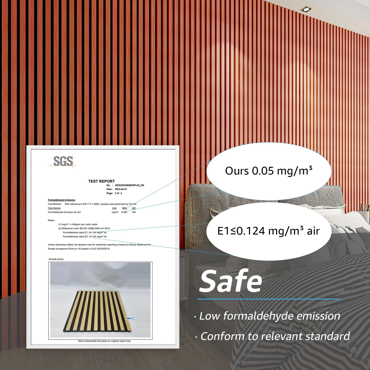 SGS test report with formaldehyde emission data in a room setting