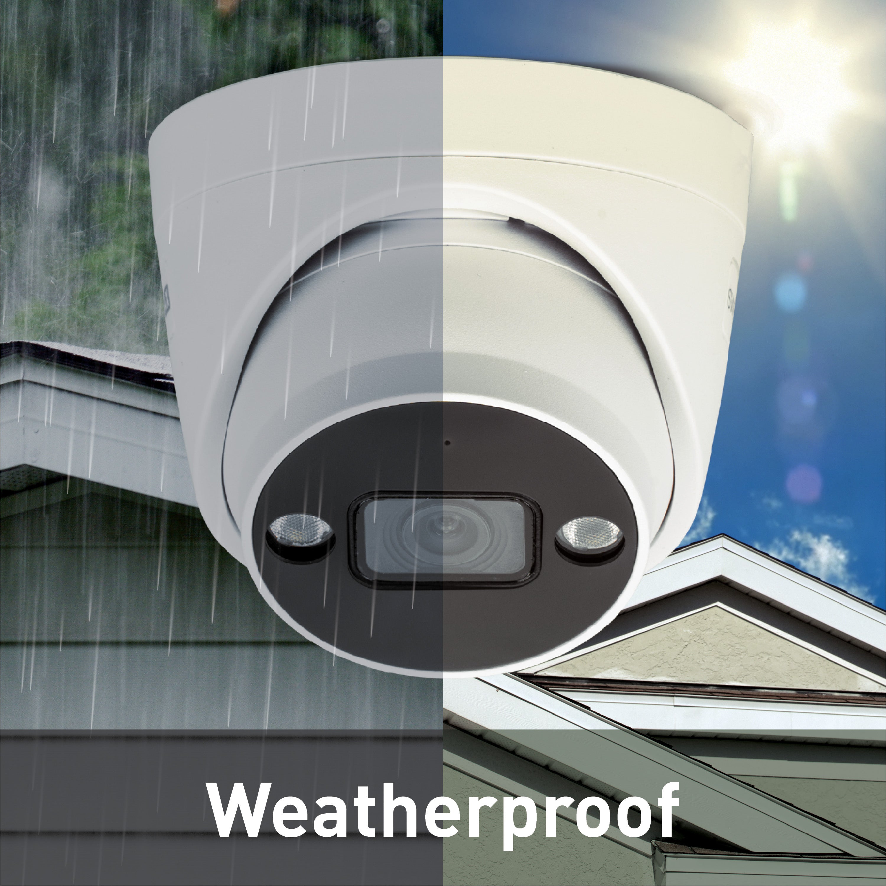 Weatherproof security camera with rain and sun effects on a house background