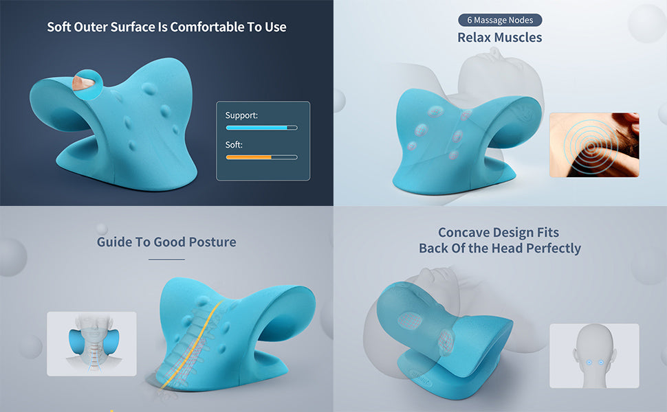 Blue neck support device with features highlighted on a gray background