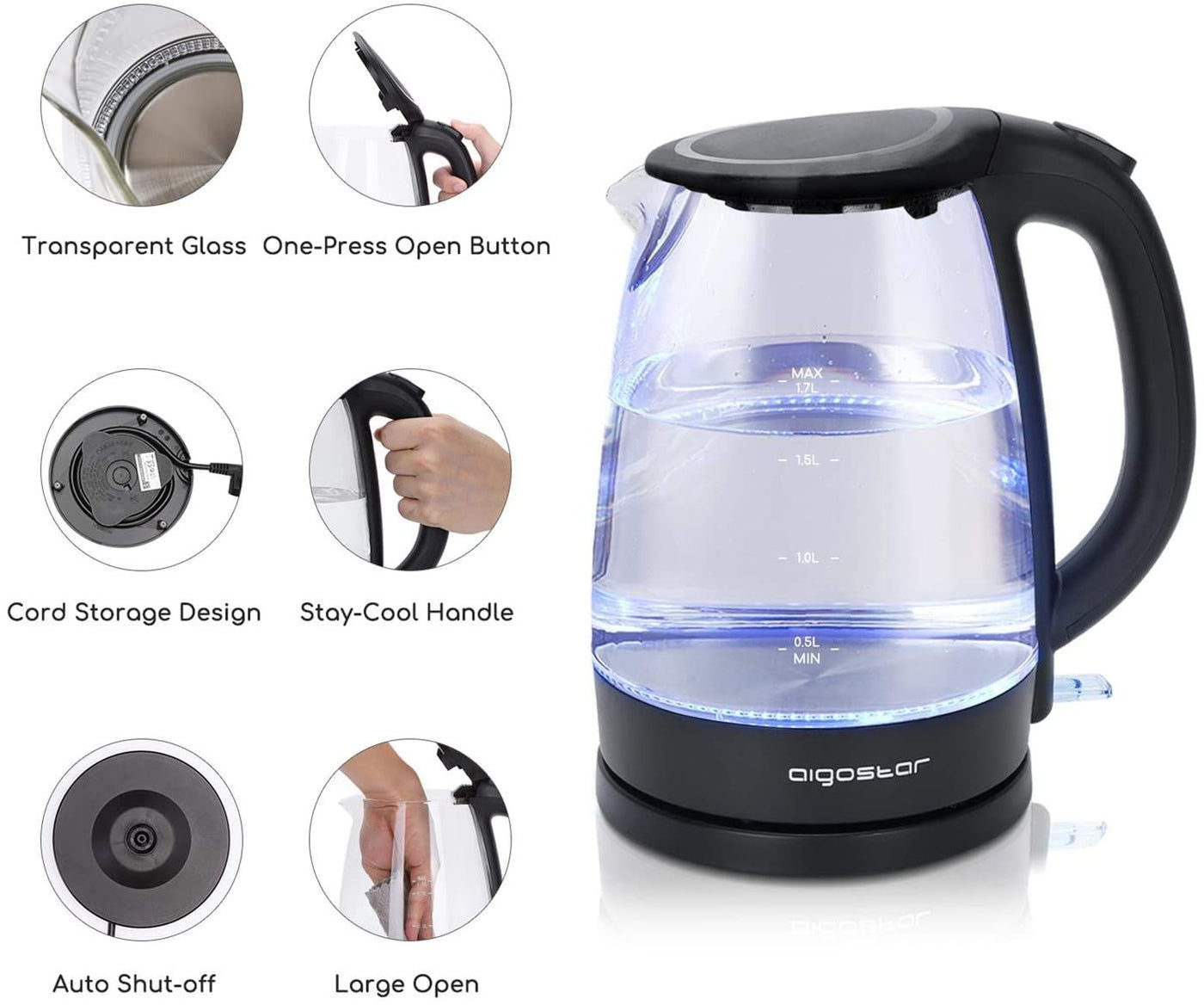 Aigostar Adam Glass Kettle, 1.7L, LED, 2200W, Boil-Dry Protection, BPA-Free