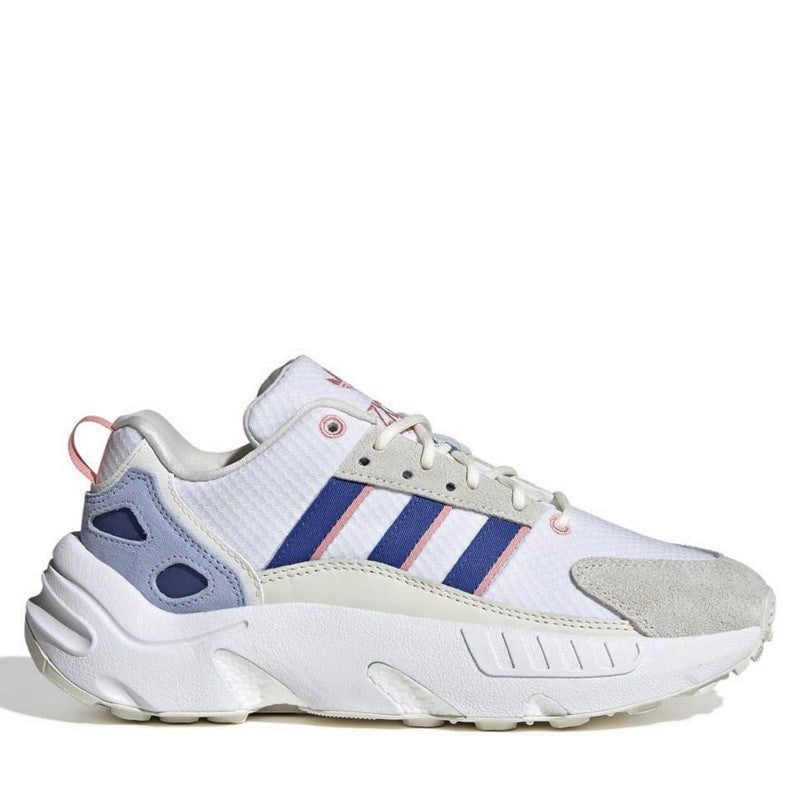 White sneaker with blue and gray accents on a white background