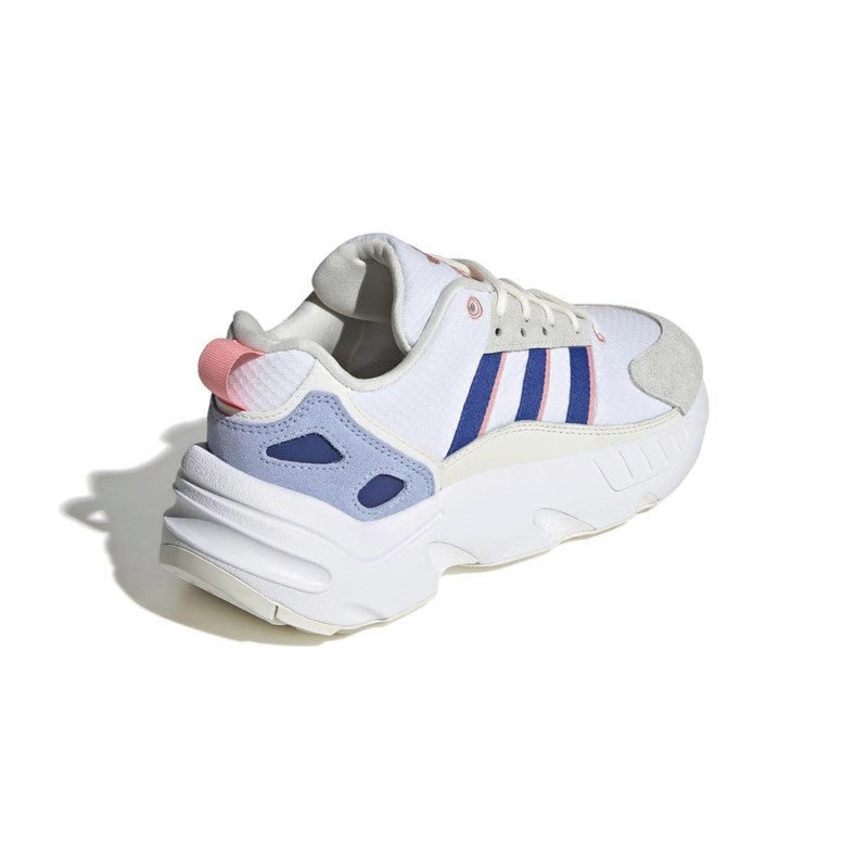 White sneaker with blue accents on a white background