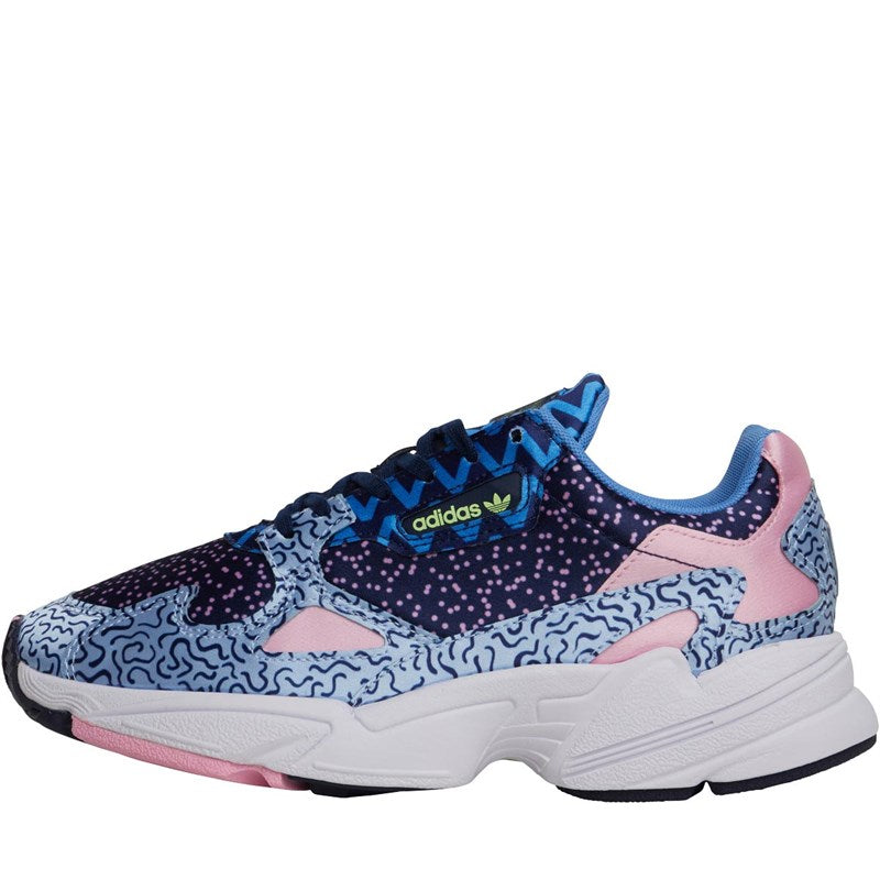 Adidas Falcon Out Loud Graphic Print Trainers featuring a geometric pattern in blue, pink, and white colors.