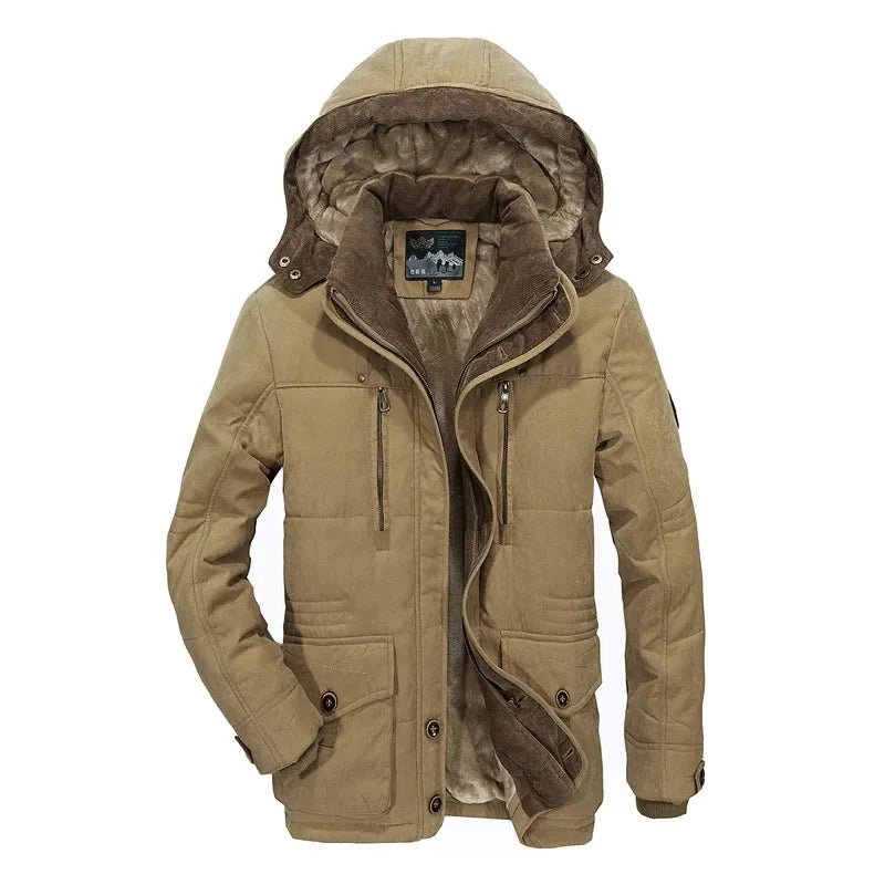 Khaki winter jacket with brown fur lining on a white background