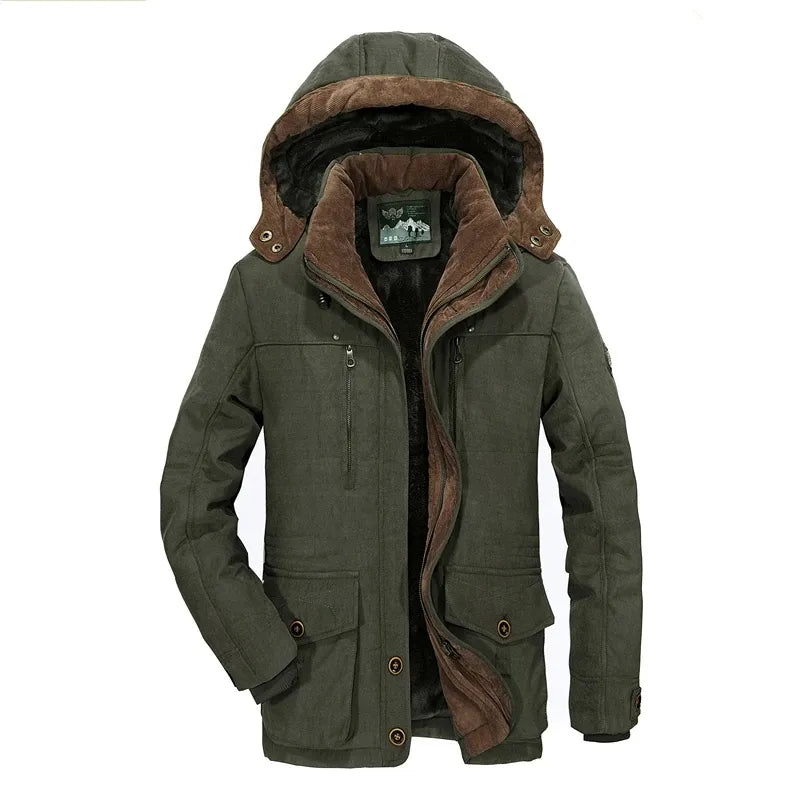 Green winter jacket with brown hood and lining on a white background