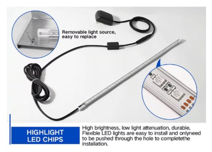 Flexible LED light strip with power adapter on a white background