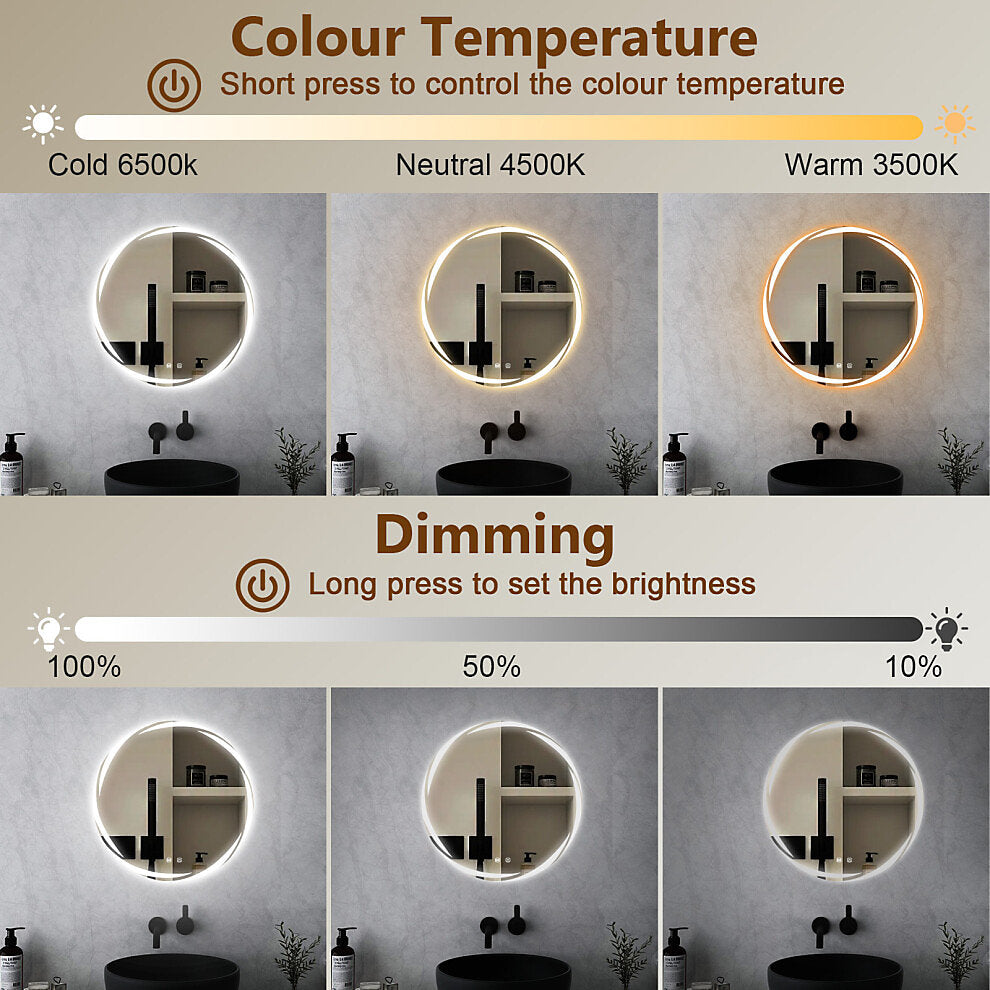 LED Round Bathroom Mirror with Demister 60 cm Touch Sensor Wall Mounted UK Plug