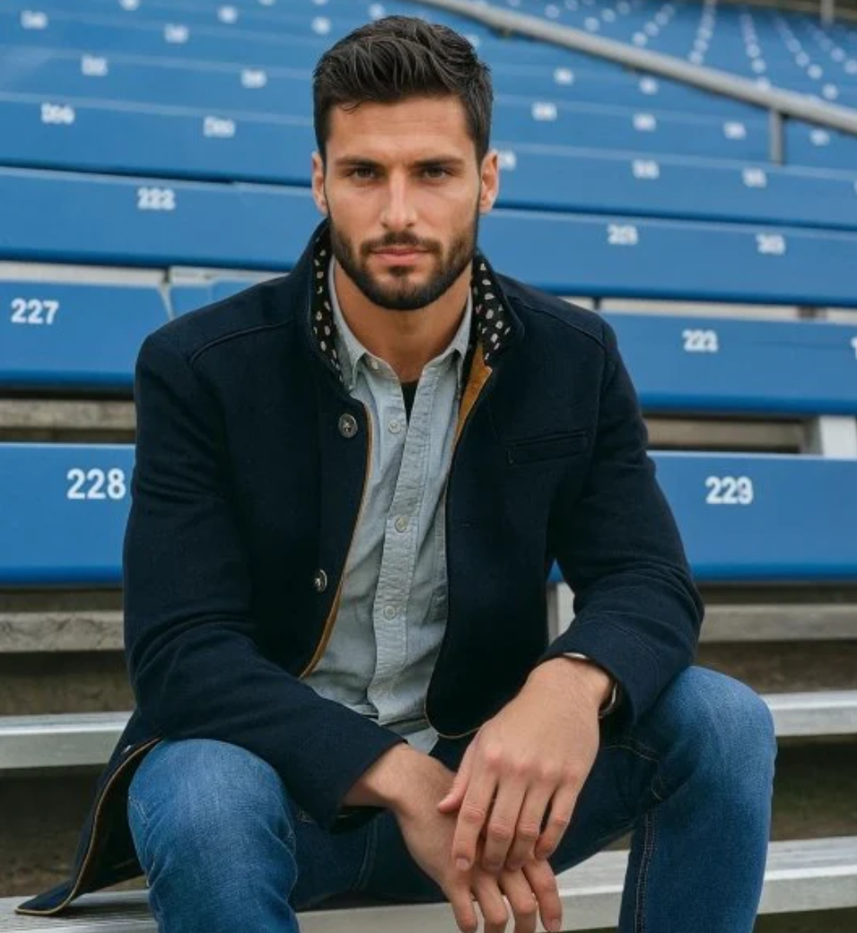 Man sitting on bleachers wearing a dark jacket and light shirt.