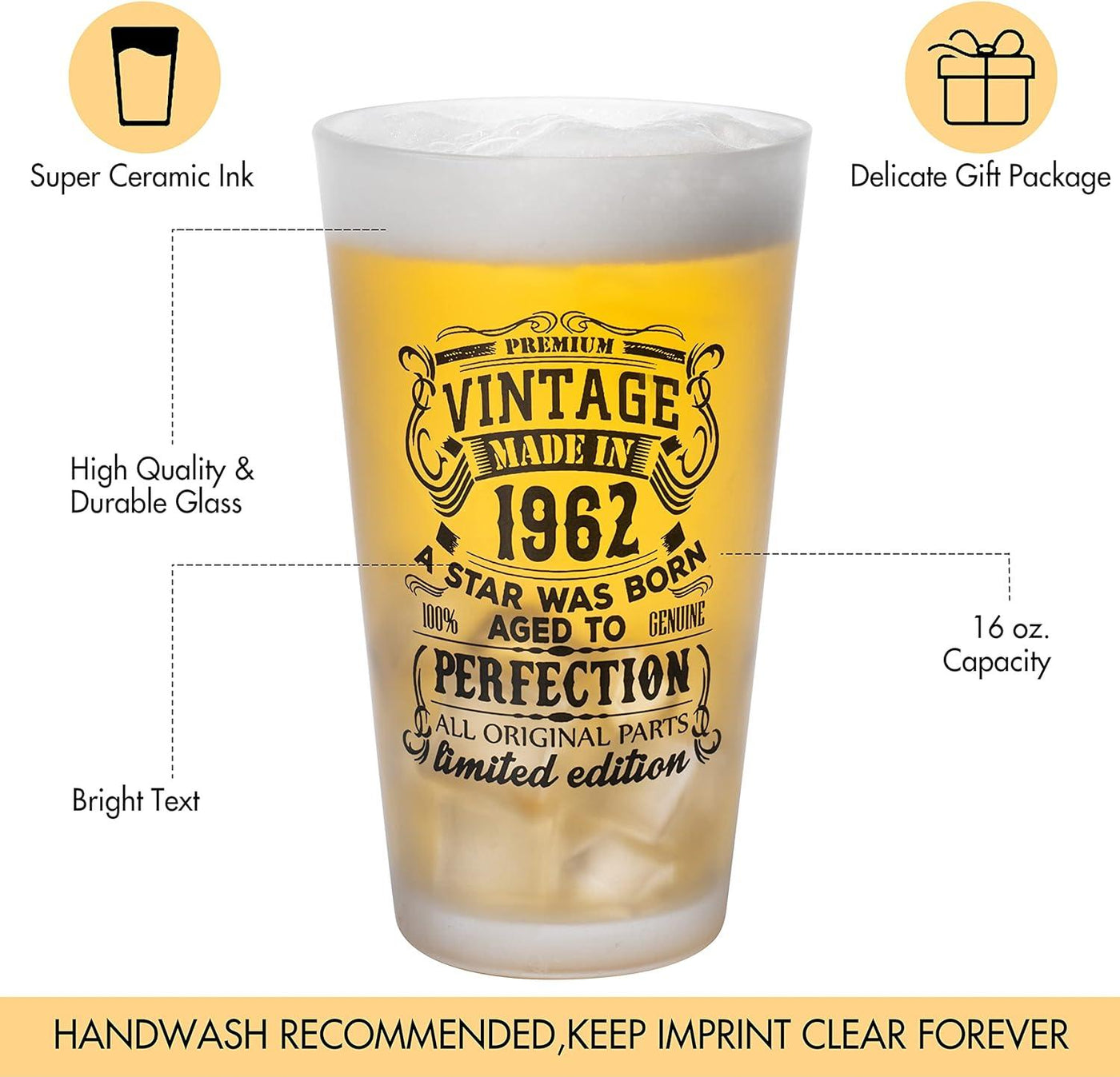 Beer Vintage Glass 1962, 1972, 1992 480ml/16 oz capacity Pint Glasses Premium - Massive Discounts