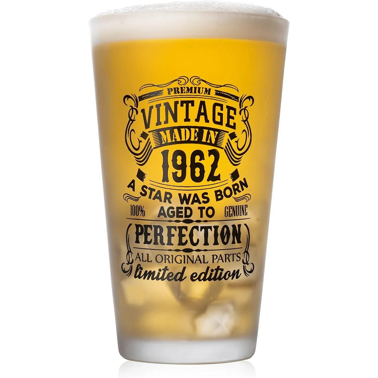 Beer glass with vintage-themed text design on a white background