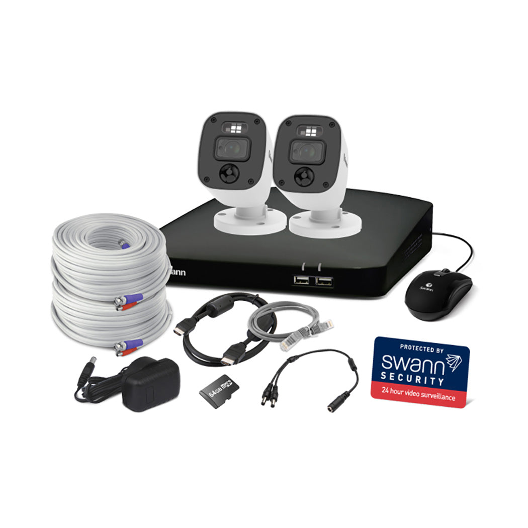 Swann security camera system with cables and accessories on a white background