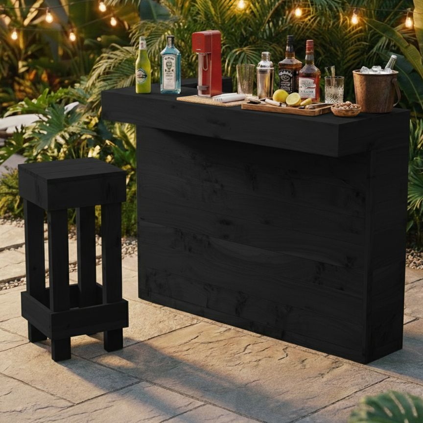 Black outdoor bar with drinks and a stool in a garden setting