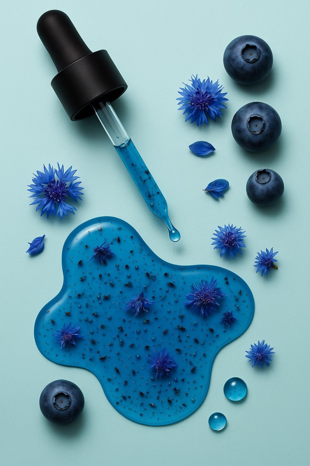 Blue gel with blueberries and blue flower petals on a light blue background