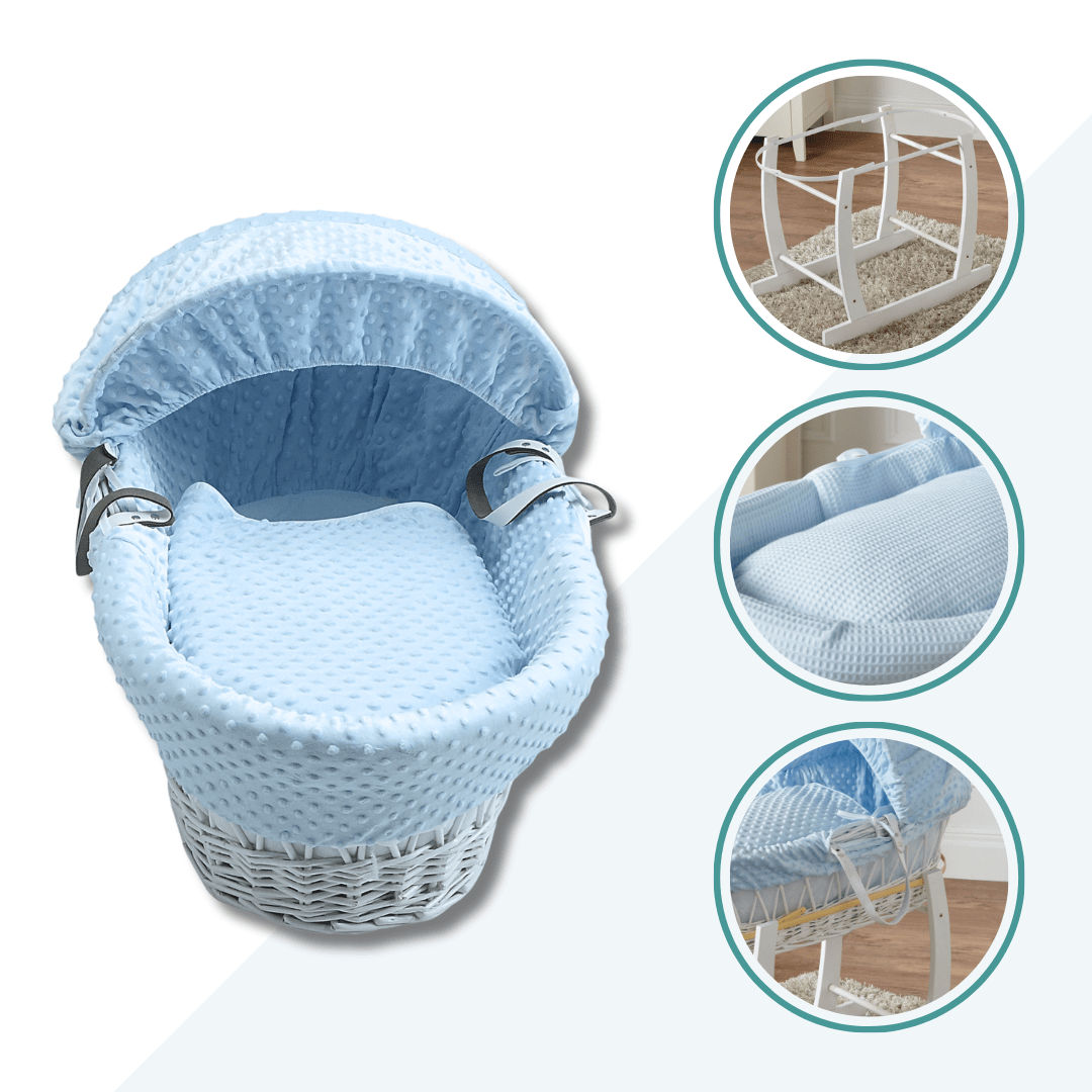 Baby Moses Basket Wicker with Stand Blue Waffle White Newborn Crib Bassinet