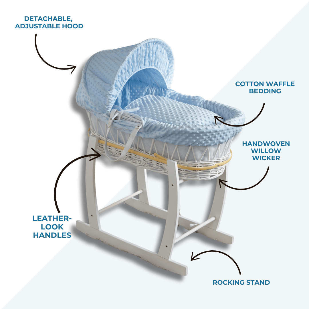 Baby Moses Basket Wicker with Stand Blue Waffle White Newborn Crib Bassinet