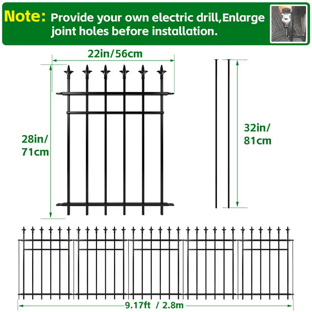 Black metal fence panel product diagram with installation note, showing front view, side view, and top-down layout with dimensions in inches and feet on a white background.
