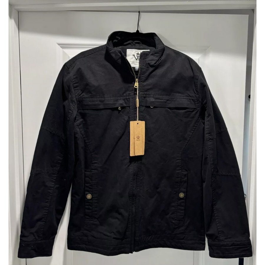 Black jacket with a tag on a white background