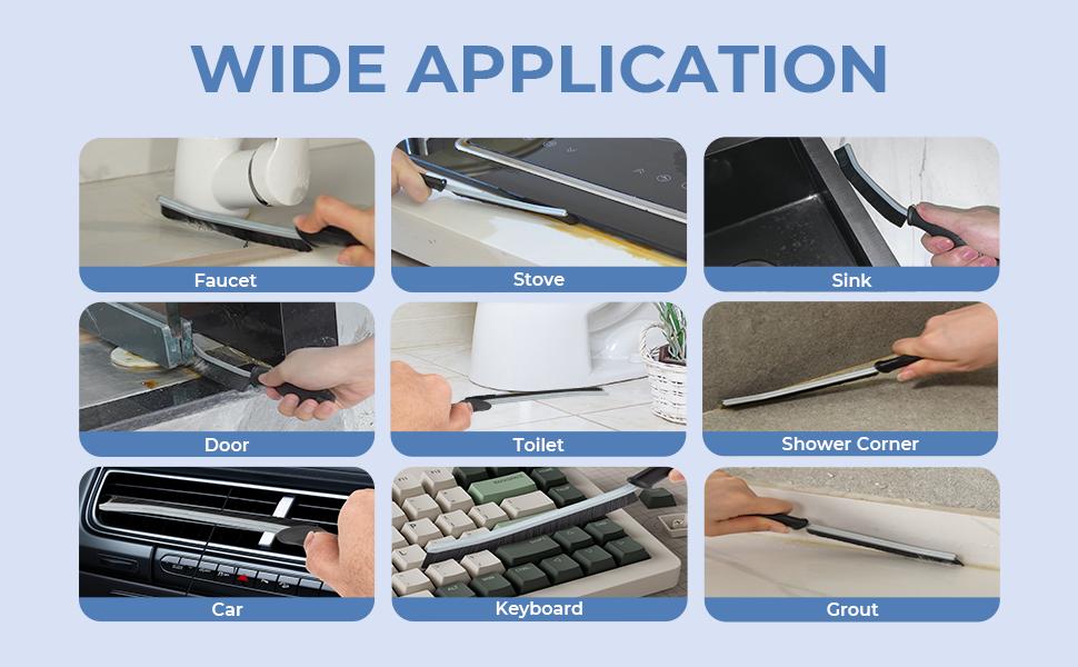 Demonstration of a cleaning tool's wide application on various surfaces with text 'WIDE APPLICATION'.
