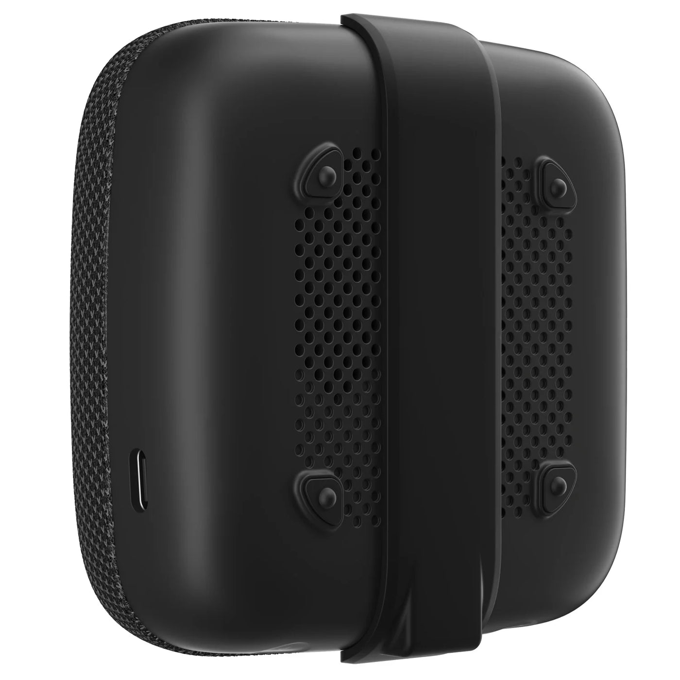 Black portable speaker with a strap on a white background