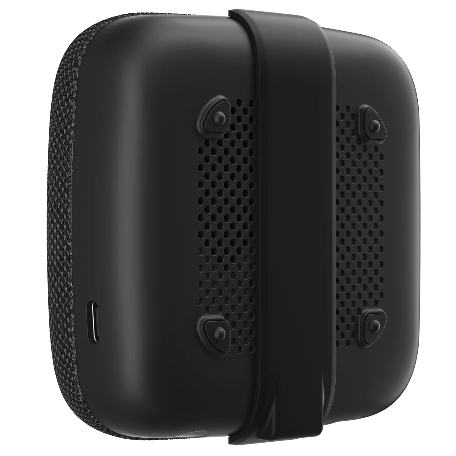 Black portable speaker with a strap on a white background